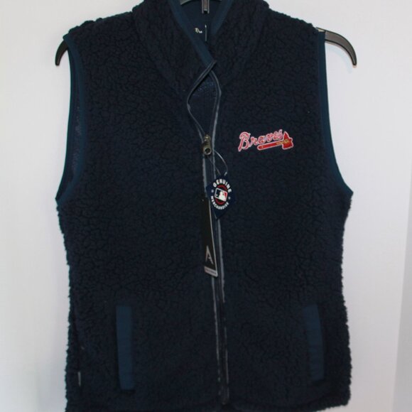 Atlanta Braves Antigua Women's Sherpa Full Zip Vest Jacket Navy Blue Women's M - Picture 1 of 5